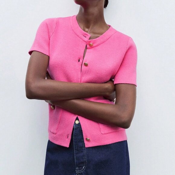 Hot Pink Casual Women's Knitted Elegant button down Cardigan - Picture 5 of 7